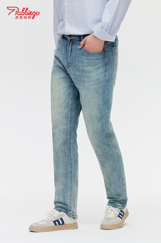 赤兔嗨购男装合身直筒弹力不束缚牛仔裤2024年秋冬新款水洗怀旧蓝长裤宽腿 商品图2