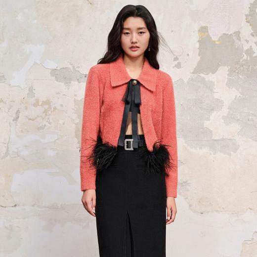 MAXRIENY*复古感枣红色鸵鸟毛蝴蝶结毛织上衣女 商品图3