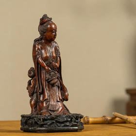 清 竹雕麻姑献寿人物摆件（红木座）