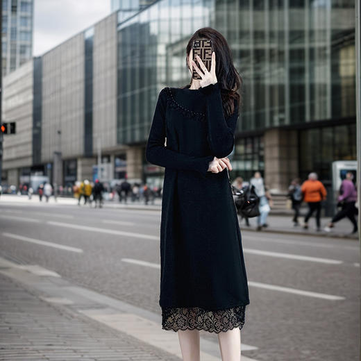 奢姿2024年冬装新款大码女装气质圆领连衣裙胖妹妹蕾丝钉珠裙子5224802590 商品图1