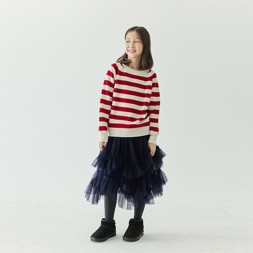 棵初24冬季儿童节日氛围感红条纹羊毛衫女童拼色保暖软糯针织毛衣 商品图1