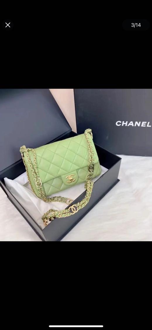 CHANEL香奈儿 Classic Flap CF 大mini 小金球链条萎格纹 羊皮 单肩斜挎包 女款 牛油果绿色 商品图0