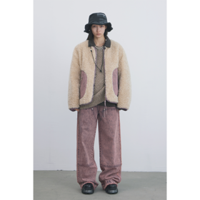 GOODBAI 916 slogan做旧印花拼接oversize圆领仿羊羔绒外套