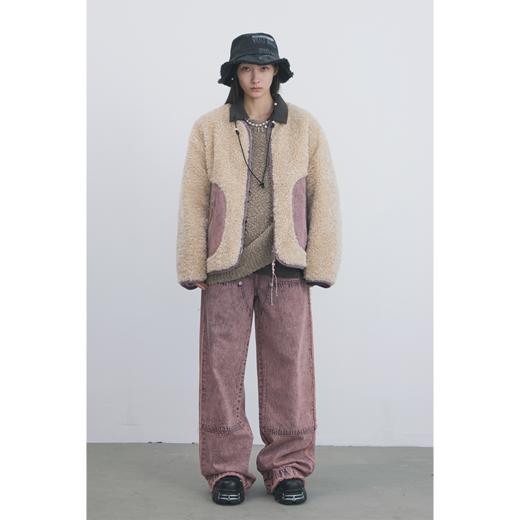 GOODBAI 916 slogan做旧印花拼接oversize圆领仿羊羔绒外套 商品图0