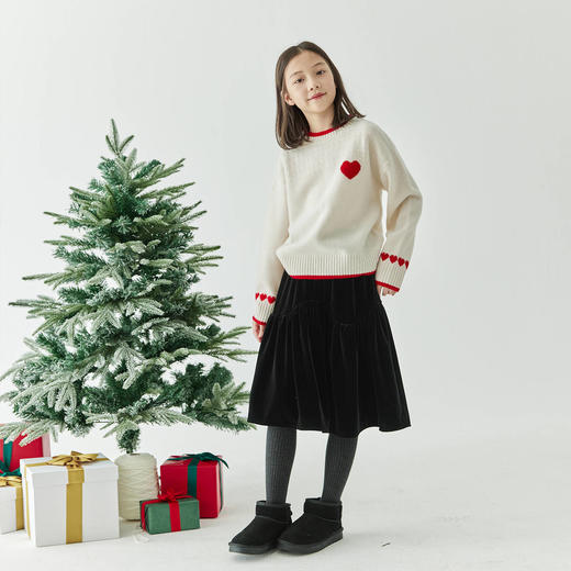  棵初2024年冬季新款女童丝绒半裙黑色复古简约不规则压褶半身裙 商品图3