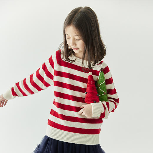 棵初24冬季儿童节日氛围感红条纹羊毛衫女童拼色保暖软糯针织毛衣 商品图2
