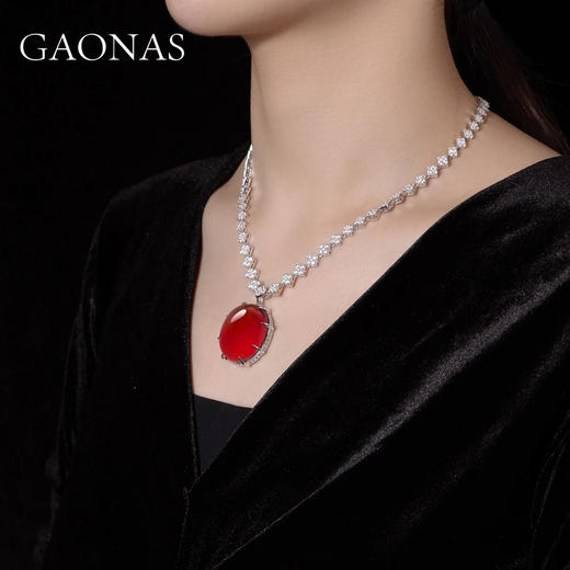 GAONAS 坠链均925银合成锆石大气美贵气红色大蛋面项链10942XR 商品图4