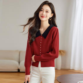 翻领针织开衫，拼色小香风洋气减龄打底上衣CC-JDS-8908