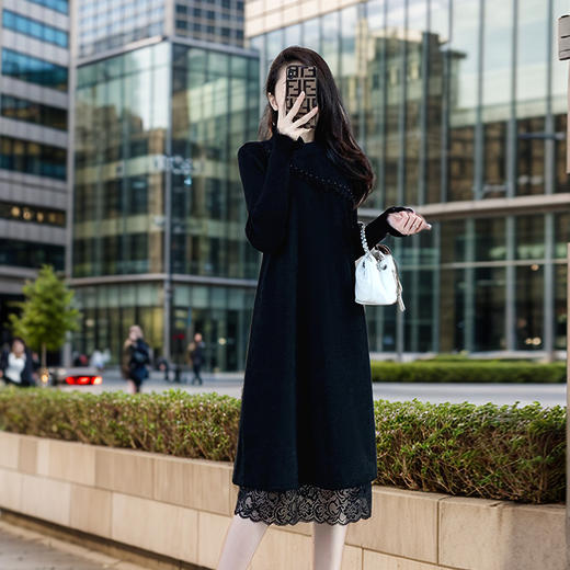 奢姿2024年冬装新款大码女装气质圆领连衣裙胖妹妹蕾丝钉珠裙子5224802590 商品图2