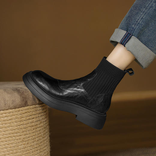 阿么手工女鞋2024新款加绒厚底短靴4.5CM显瘦时尚百搭针织瘦瘦靴 商品图3