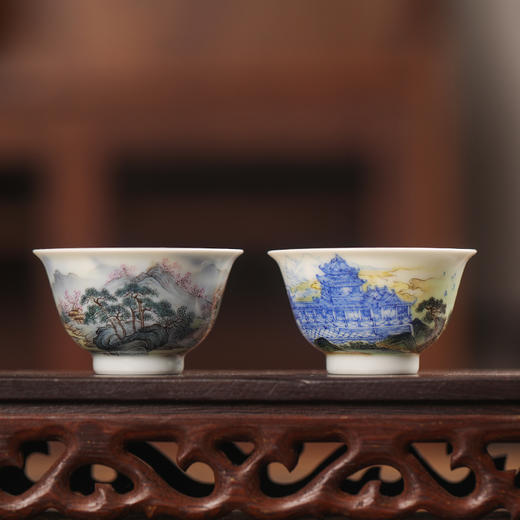 一儒堂青花山水对杯 商品图0