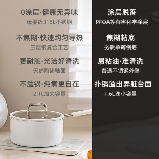 摩登主妇无涂层316不锈钢陶瓷小奶锅宝宝辅食锅婴儿煎煮一体汤锅 商品图1