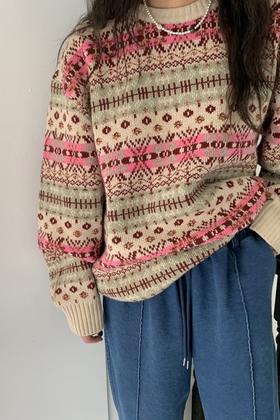 LNNNS 菱格纹撞色慵懒针织上衣 17731