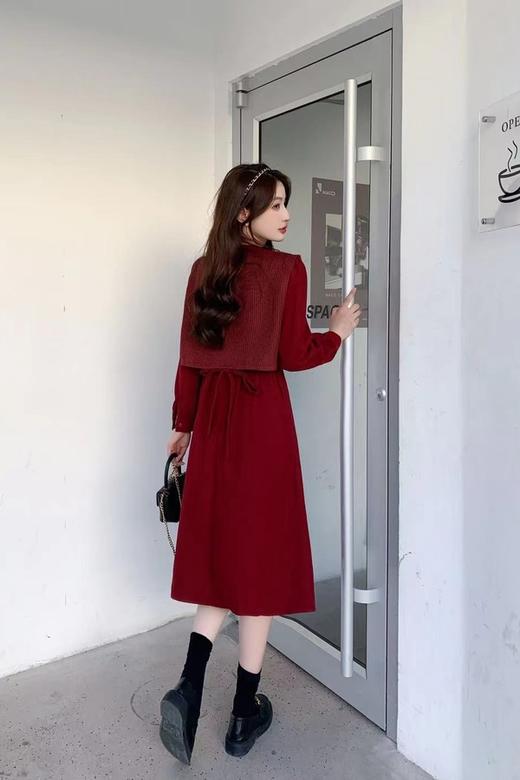 Le Malene 甜美款酒红色拼接式收腰连衣裙 17576 商品图4