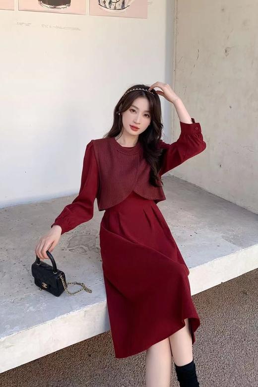 Le Malene 甜美款酒红色拼接式收腰连衣裙 17576 商品图0