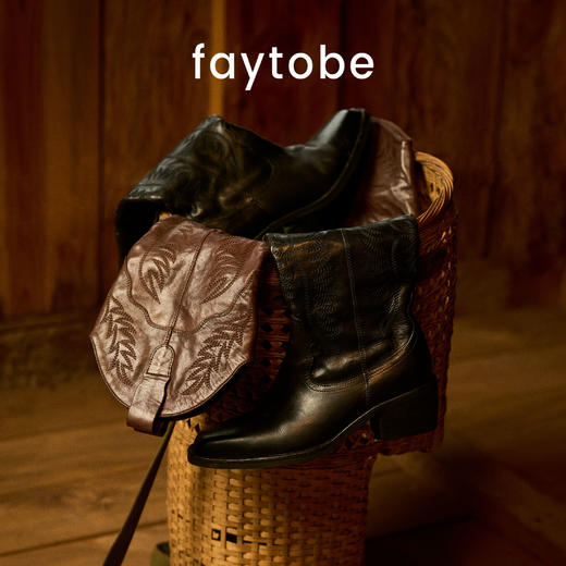 faytobe“见月”刺绣西部靴秋重水洗工艺民族风骑士靴牛皮长靴 商品图3