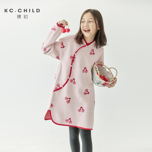 棵初2024年冬季新款女童新中式全棉针织旗袍裙甜美俏皮樱桃连衣裙 商品图0