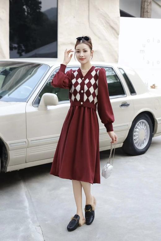 Stay2Weeks 复古红菱形格针织纹连衣裙 17659 商品图2