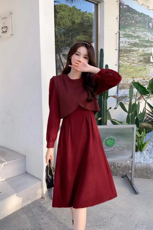 Le Malene 甜美款酒红色拼接式收腰连衣裙 17576 商品图1