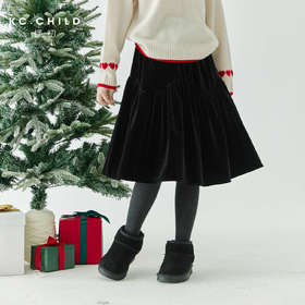  棵初2024年冬季新款女童丝绒半裙黑色复古简约不规则压褶半身裙