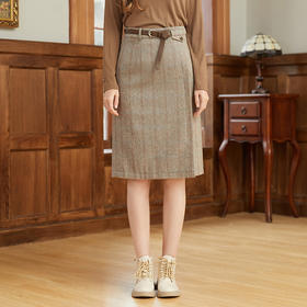 famecoco范可儿法式复古格纹直筒半裙中长款收腰羊毛F228HA014
