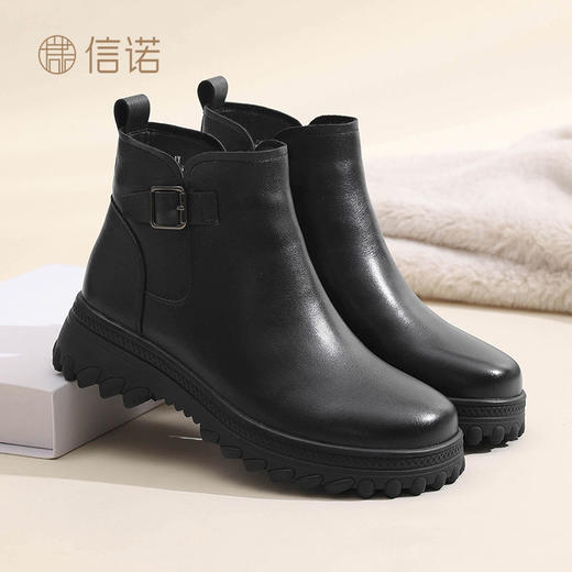 信诺真皮羊毛短靴女加绒保暖雪地靴2024新款冬季妈妈棉鞋厚底皮鞋M523-1Y 商品图5