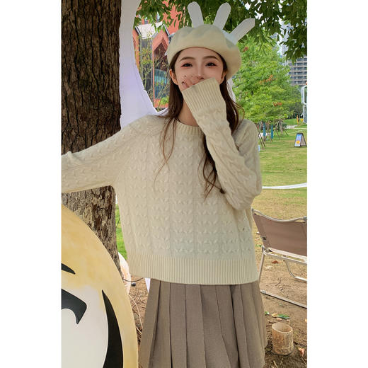 【严选】诗凡黎米色圆领绞花针织衫2024冬新款气质百搭宽松外搭毛衣女7FB131341 商品图0