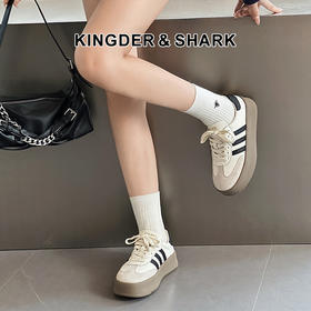 经典鲨2024年冬款百搭圆头时尚拼色加绒保暖德训鞋休闲鞋女KW356-D58081