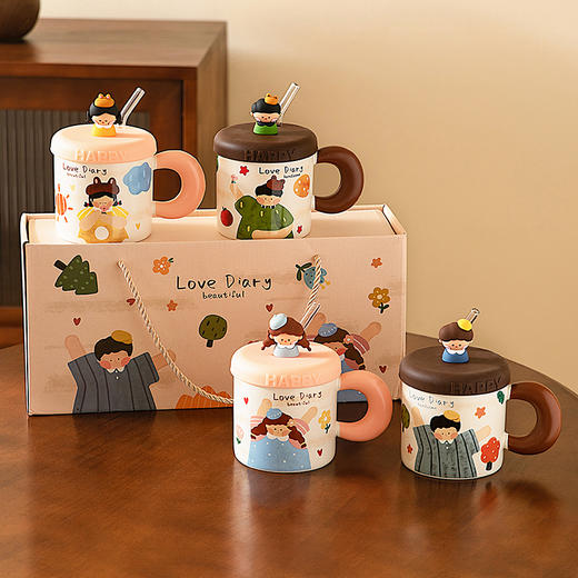 摩登主妇带盖马克杯家用喝水杯女陶瓷杯情侣对杯礼盒可爱吸管杯子 商品图0