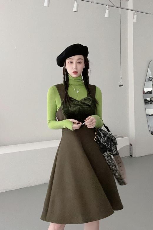 amadella 橄榄绿色爱心丝绒拼接阔型背心连衣裙 17578 商品图0