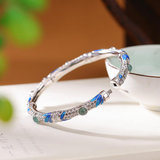 【高风亮节】S925银蓝水翡翠景泰蓝竹叶镂空手镯【CW-SZ01969】 商品图2