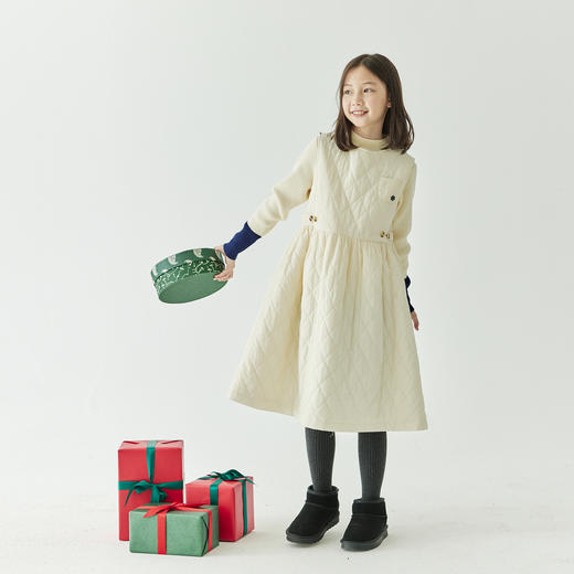 棵初年冬季新款童装加厚绗棉背心裙雪花刺绣可调节腰连衣裙 商品图1
