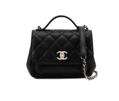 CHANEL香奈儿纯色菱格衔缝旋锁翻盖手柄颗粒压花小牛皮背提包链条包单肩斜挎包 小号 女款 黑 商品图0