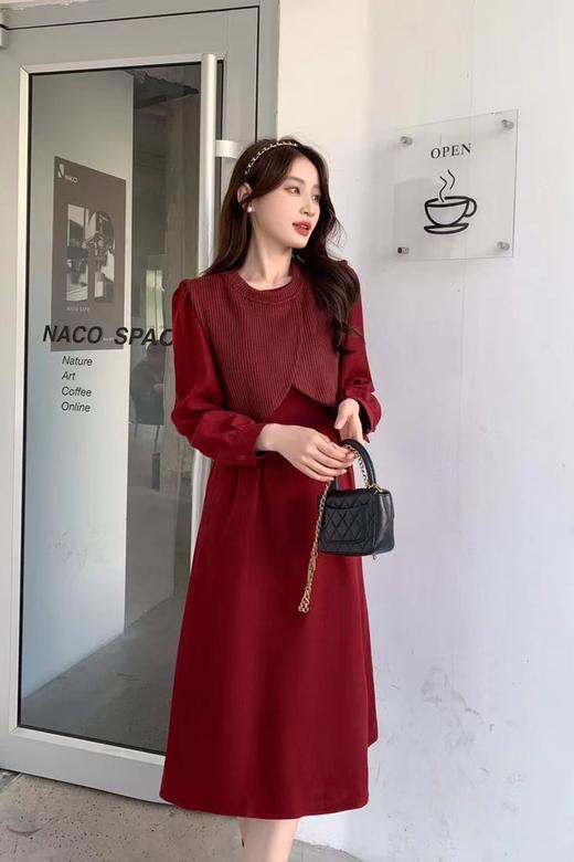Le Malene 甜美款酒红色拼接式收腰连衣裙 17576 商品图2