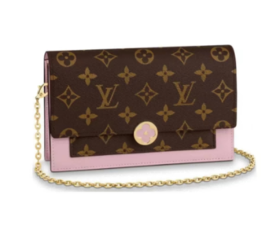 LOUIS VUITTON Flore 经典老花链条 涂层帆布拼小牛皮 手拿包单肩包斜挎包女款 芭蕾粉棕色