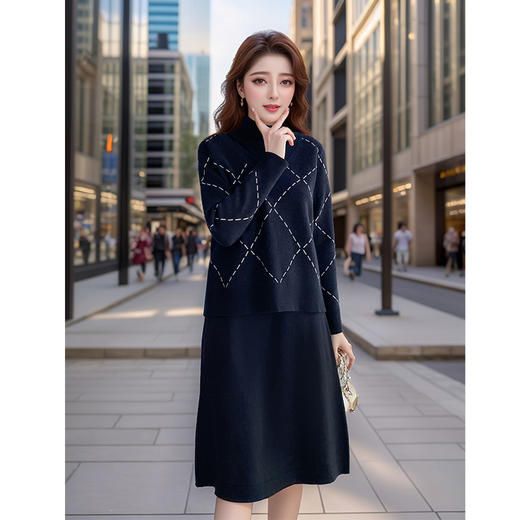 奢姿2025年秋季新款肥mm时尚显瘦大码女装菱形格毛织二件套套装9704950711 商品图0