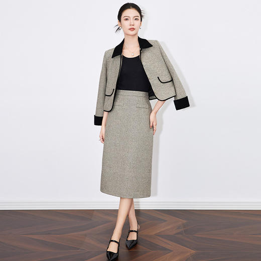 【高货wl】全新升级【铂金会员404/天猫549/差价145】(02051) 洛诗琳小香风羊毛呢撞色翻领上衣法式复古A字半裙两件套 商品图1