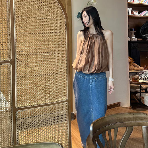 【顺丰包邮】00953 洛诗琳设计感插袋A字版木匠风牛仔半身裙017 商品图1