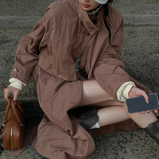 【顺丰包邮】01302 洛诗琳高级感英伦风纸感肌理廓形风衣外套422 商品图0