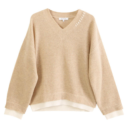 玳莎秋冬新款100%纯羊毛V领针织衫撞色设计感宽松毛衣上衣  ED33313 商品图4