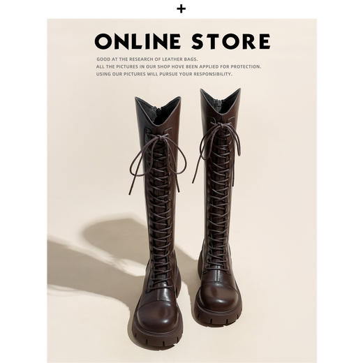 绑带长筒靴女2024秋冬加绒显瘦粗跟厚底棕色V口高筒靴长靴骑士靴新款爆款小红书同款 商品图0