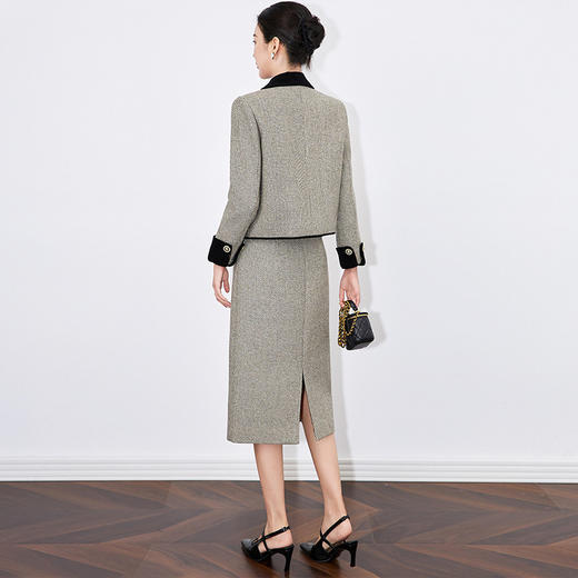 【高货wl】全新升级【铂金会员404/天猫549/差价145】(02051) 洛诗琳小香风羊毛呢撞色翻领上衣法式复古A字半裙两件套 商品图4