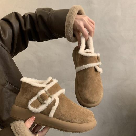 复古厚底磨砂皮棕色加绒博肯鞋毛毛鞋女鞋外穿春夏保暖棉鞋雪地靴新款爆款小红书同款 商品图3