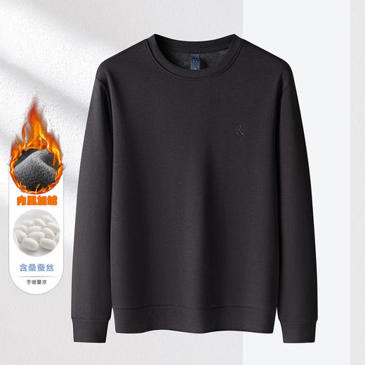 【加绒加厚 蚕丝混纺】罗蒙秋冬男装绣花胸标加绒卫衣男秋冬保暖男士卫衣加绒套头T恤 商品图4