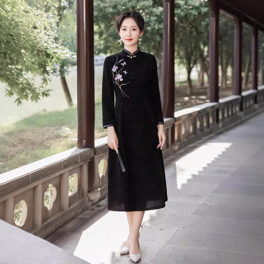改良复古，黑色长款旗袍QMR-855 商品图4
