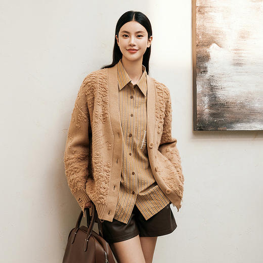 玳莎时髦提花针织开衫女破边设计感宽松小众休闲毛衣2024冬季新款  ED33311 商品图0