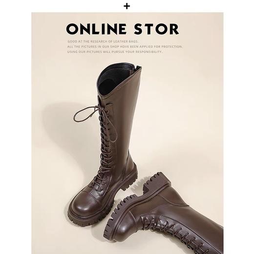 绑带长筒靴女2024秋冬加绒显瘦粗跟厚底棕色V口高筒靴长靴骑士靴新款爆款小红书同款 商品图3