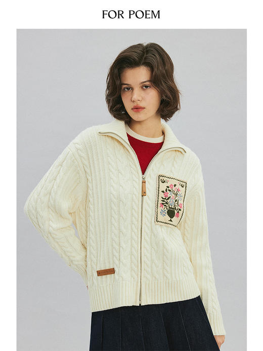 ForPoem 现货 24/FW原创设计花朵贴布羊毛绞花拉链开衫针织外套 商品图2