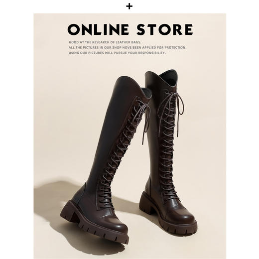绑带长筒靴女2024秋冬加绒显瘦粗跟厚底棕色V口高筒靴长靴骑士靴新款爆款小红书同款 商品图1