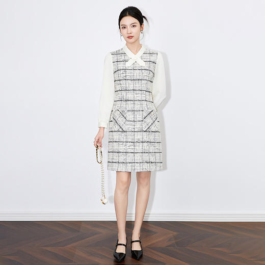 【高货wl】全新升级【铂金会员330/天猫449/差价119】(01822) 洛诗琳秋冬高定纹理感甜美通勤简约交叉V领小香风连衣裙 商品图0